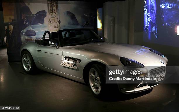 General view of the BMW with missiles coming out of the side at a photocall ahead of the opening of the Bond In Motion exhibition at the London Film...