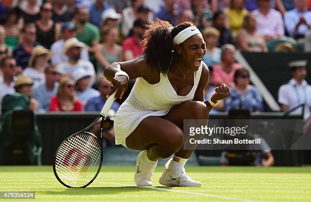 Serena Williams of the United States celebrates a point in her Ladies Singles Third Round match against Heather Watson of Great Britain during day...