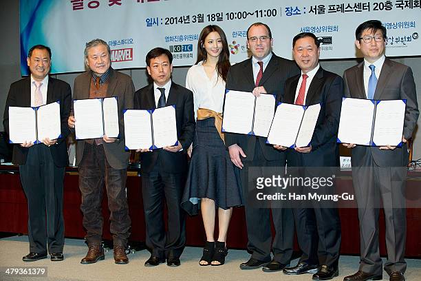 South Korean actress Claudia Kim and David Galluzzi chief counsel, Marvel Studios and guests attend the Marvel Studio MOU for The Avengers: Age of...