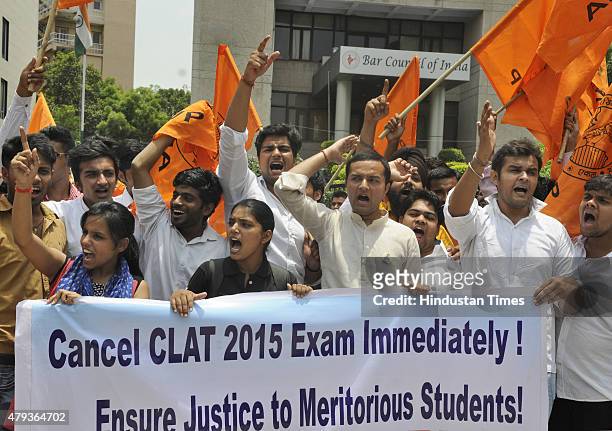 Students and members of ABVP protest against the discrepancies in CLAT exam in front of Bar Council of India office at Kotla on July 3, 2015 in New...