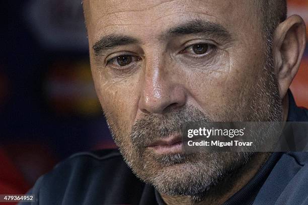 Jorge Sampaoli coach of Chile looks on during a press conference at Nacional Stadium on July 03, 2015 in Santiago, Chile. Chile will face Argentina...