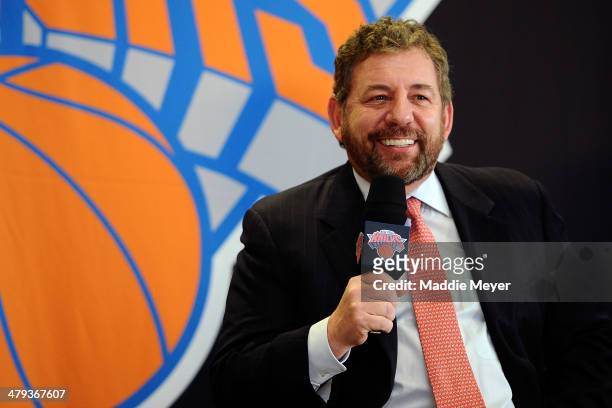 James Dolan, Executive Chairman of Madison Square Garden, answers questions during the press conference to introduce Phil Jackson as President of the...