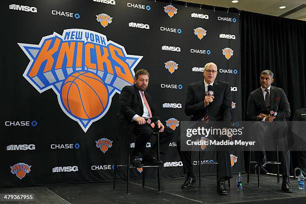 James Dolan, Executive Chairman of Madison Square Garden, Phil Jackson, President of the New York Knicks, and Steve Mills, General Manager of the New...