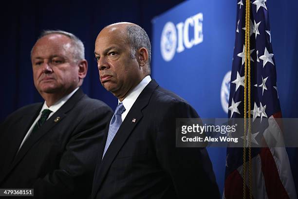 Customs and Border Protection Deputy Commissioner Thomas S. Winkowski and U.S. Secretary of Homeland Security Jeh Johnson listen during a joint news...