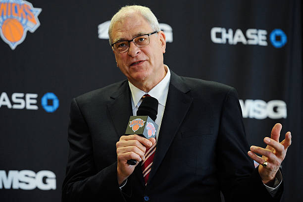 Phil Jackson answers questions during the press conference to introduce him as President of the New York Knicks at Madison Square Garden on March 18,...