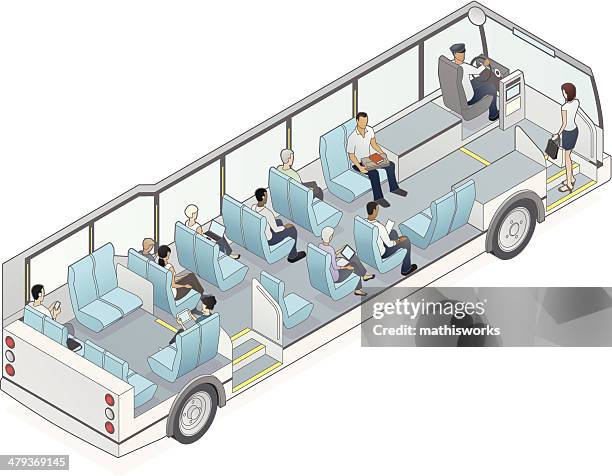 ilustraciones, imágenes clip art, dibujos animados e iconos de stock de isométricos autobús ilustración plano de unión (cutaway) - hora punta temas