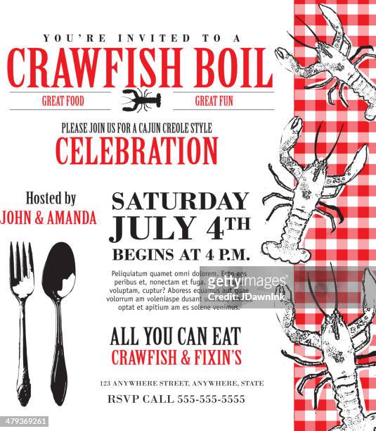 crawfish boil invitation design template checkered tablecloth - crayfish stock illustrations