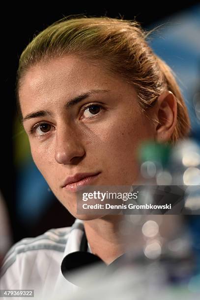 Bianca Schmidt of Germany faces the media during a press conference at Commonwealth Stadium on July 3, 2015 in Edmonton, Canada.