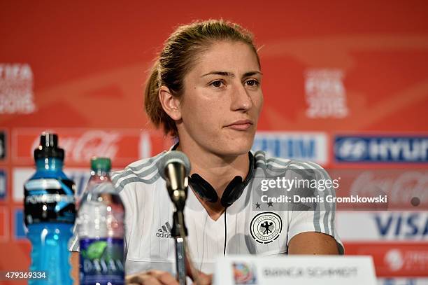 Bianca Schmidt of Germany faces the media during a press conference at Commonwealth Stadium on July 3, 2015 in Edmonton, Canada.