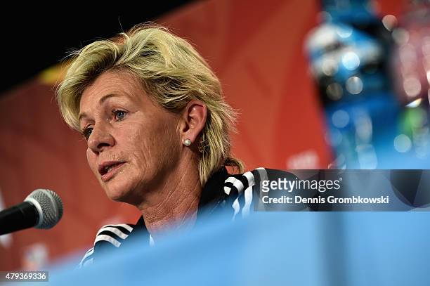 Head coach Silvia Neid of Germany faces the media during a press conference at Commonwealth Stadium on July 3, 2015 in Edmonton, Canada.