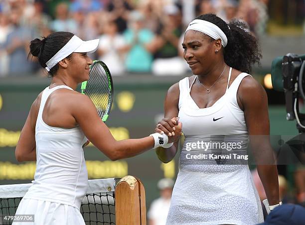 Heather Watson is beaten by Serena Williams on day five of the annual Wimbledon Tennis Championships at Wimbledon on July 3, 2015 in London, England.