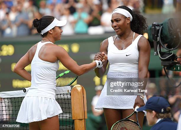 Heather Watson is beaten by Serena Williams on day five of the annual Wimbledon Tennis Championships at Wimbledon on July 3, 2015 in London, England.