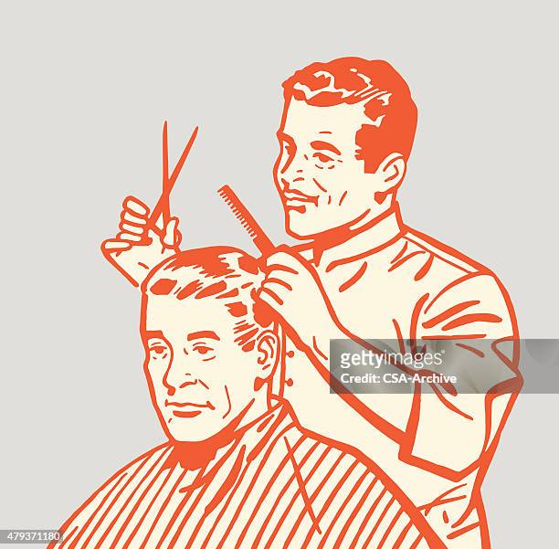 barber giving haircut - hairstyle stock-grafiken, -clipart, -cartoons und -symbole