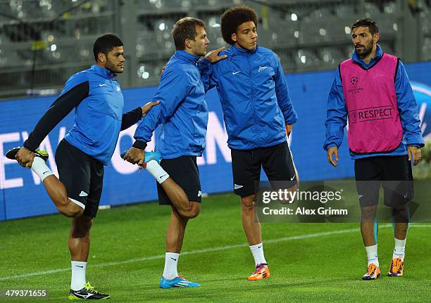 Hulk, Domenico Criscito, Axel Witsel and Danny attend a Zenit St. Petersburg training session ahead of their UEFA Chamions League Round of 16 second...