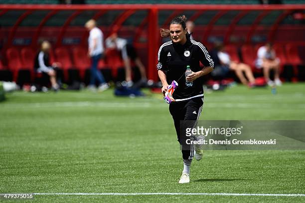Nadine Angerer of Germany prepares for a training session at Commonwealth Stadium on July 3, 2015 in Edmonton, Canada.