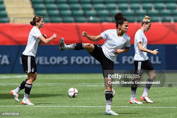 Celia Sasic of Germany prepares for a training session at Commonwealth Stadium on July 3, 2015 in Edmonton, Canada.