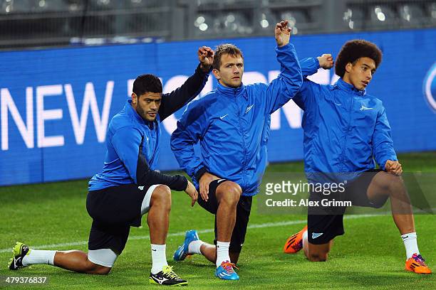 Hulk, Domenico Criscito and Axel Witsel attend a Zenit St. Petersburg training session ahead of their UEFA Chamions League Round of 16 second leg...