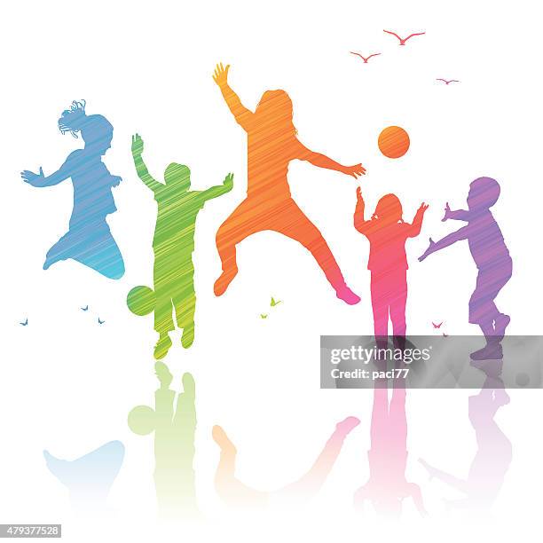 glückliche kinder spielen, illustration mit bunten silhouetten. - kids' soccer stock-grafiken, -clipart, -cartoons und -symbole