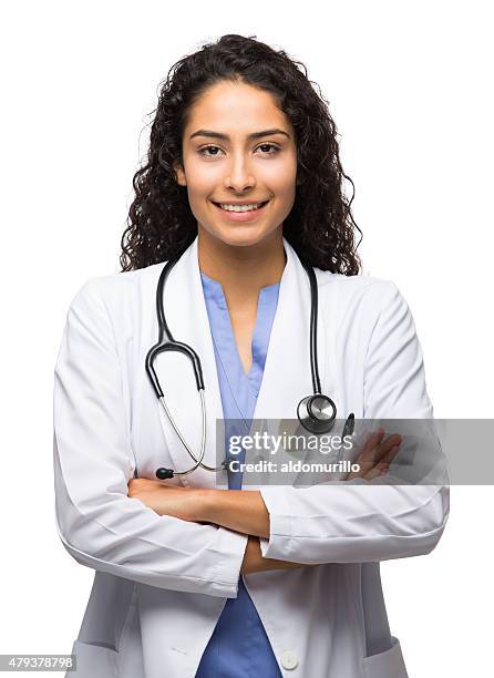 retrato de mujer médico - doctora fondo blanco fotografías e imágenes de stock