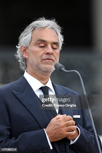 Italian Tenor Andrea Bocelli performs during an audience held by Pope Francis in St Peter's Square for members of the Renewal of the Holy Spirit, who...