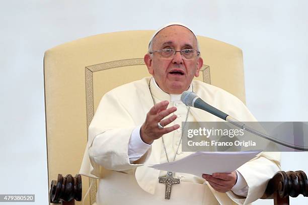 Pope Francis speaks at a meeting in St Peter's Square with members of the Renewal of the Holy Spirit, who have come to Rome for their 38th annual...