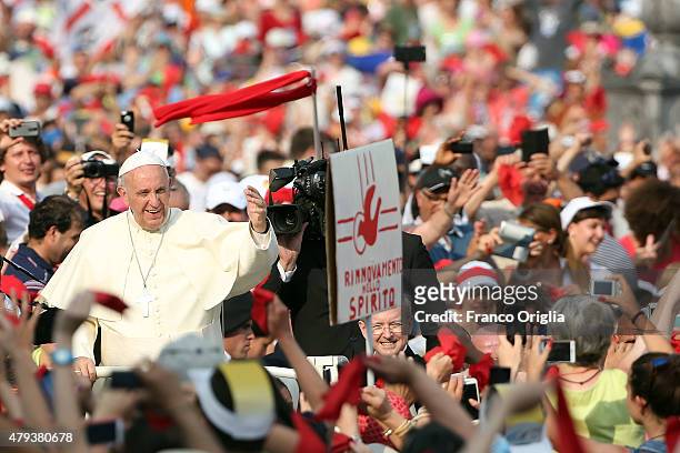 Pope Francis arrives in St Peter's Square for a meeting with members of the Renewal of the Holy Spirit, who have come to Rome for their 38th annual...