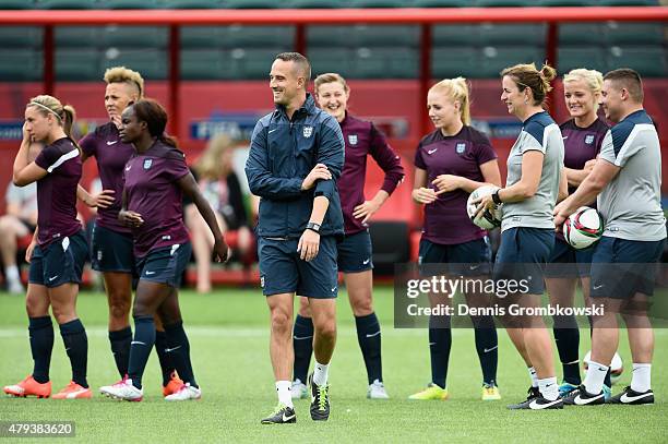 Head coach Mark Sampson of England reacts during a training session at Commonwealth Stadium on July 3, 2015 in Edmonton, Canada.