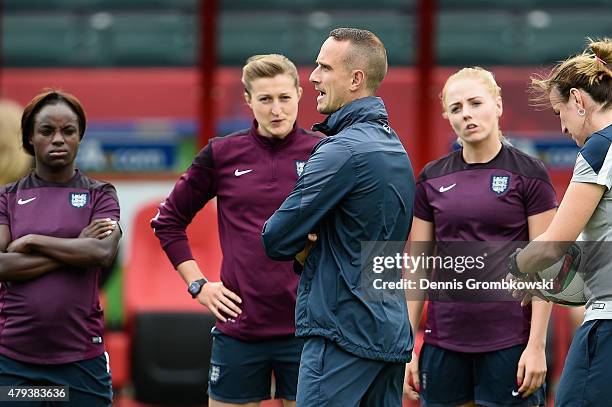 Head coach Mark Sampson of England reacts during a training session at Commonwealth Stadium on July 3, 2015 in Edmonton, Canada.