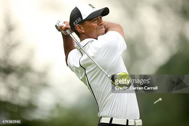 Tiger Woods tees off on the sixth hole during the second round of the Greenbrier Classic at the Old White TPC on July 3, 2015 in White Sulphur...