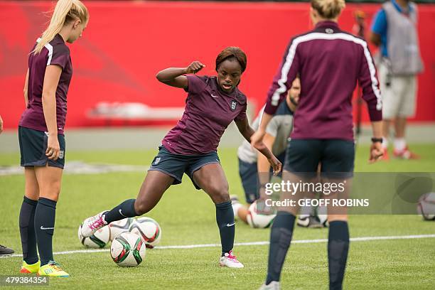 England's Eniola Aluko controls the ball during their final training session at the FIFA Women's World Cup in Edmonton, on July 3, 2015. England...