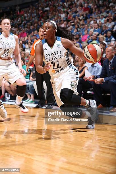 Monica Wright of the Minnesota Lynx drives to the basket against the Seattle Storm on July 3, 2015 at Target Center in Minneapolis, Minnesota. NOTE...