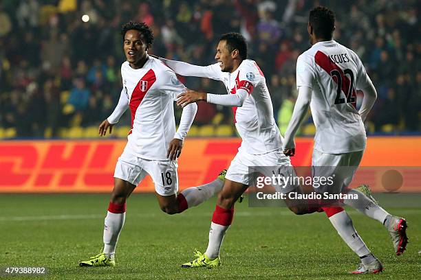 Andre Carrillo of Peru celebrates after scoring the opening goal during the 2015 Copa America Chile Third Place Playoff match between Peru and...