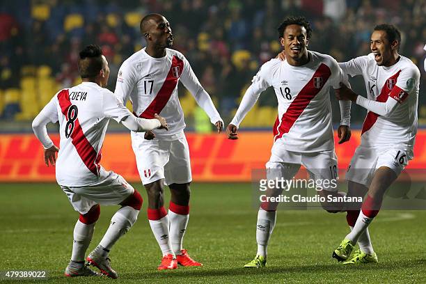 Andre Carrillo of Peru celebrates with teammates Christian Cueva, Luis Advincula, and Carlos Lobaton after scoring the opening goal during the 2015...