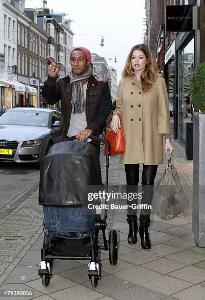 Model Doutzen Kroes and husband DJ Sunnery James are seen with their newborn son Phyllon Joy Gorre on February 15, 2011 in Amsterdam, Netherlands.