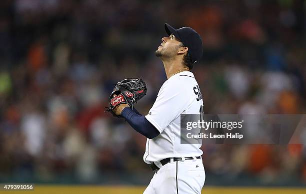 Anibal Sanchez of the Detroit Tigers looks up as he leaves the game in the eighth inning against the Toronto Blue Jays during the eighth inning on...