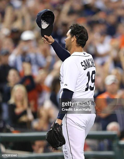 Anibal Sanchez of the Detroit Tigers tips his cap to the fans after leaving the game in the eighth inning against the Toronto Blue Jays during the...