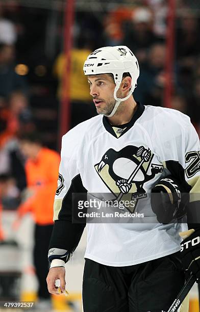 Craig Adams of the Pittsburgh Penguins looks on against the Philadelphia Flyers on March 15, 2014 at the Wells Fargo Center in Philadelphia,...