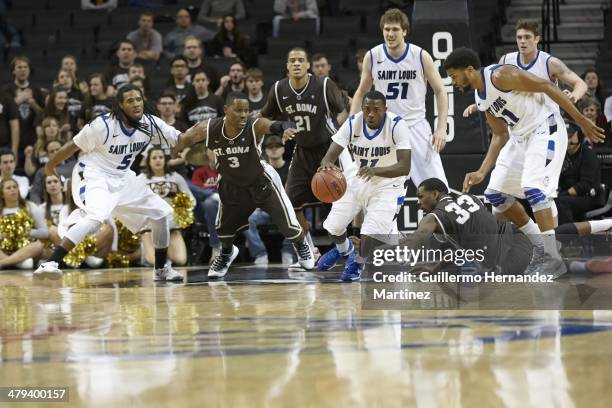 Atlantic 10 Tournament: Saint Louis Mike McCall Jr. In action vs St. Bonaventure Charlon Kloof and Marquise Simmons during Quarterfinals at Barclays...