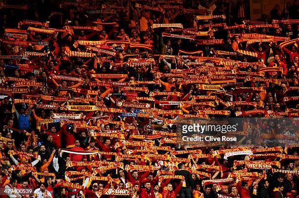 Galatasaray fans show their support prior to the UEFA Champions League Round of 16 second leg match between Chelsea and Galatasaray AS at Stamford...