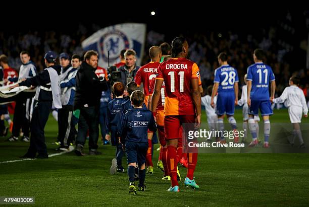 Former Chelsea player Didier Drogba of Galatasaray walks on to the pitch prior to the UEFA Champions League Round of 16 second leg match between...