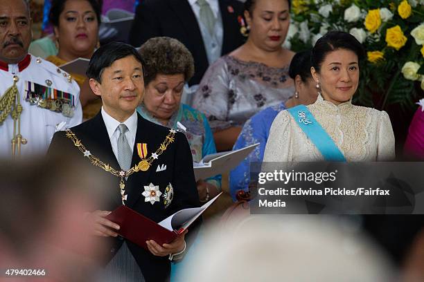 Crown Prince Naruhito and Crown Princess Masako of Japan attend the official coronation ceremony for King Tupou VI of Tonga and Queen Nanasipau'u at...