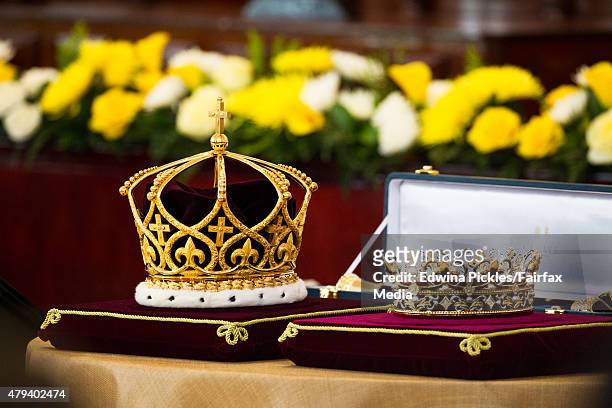 The crown and coronet is seen for King Tupou VI of Tonga and Queen Nanasipau'u during the official coronation ceremony at the Free Wesleyan Church on...