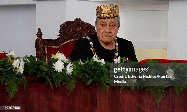 Queen mother Halaevalu Mata'aho, mother of King Tupou VI of Tonga is seen at the Free Wesleyan Church during the official coronation ceremony on July...