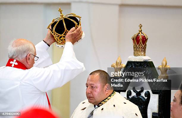 King Tupou VI of Tonga is crowned during the official coronation ceremony at the Free Wesleyan Church on July 4, 2015 in Nuku'alofa, Tonga. Tupou VI...