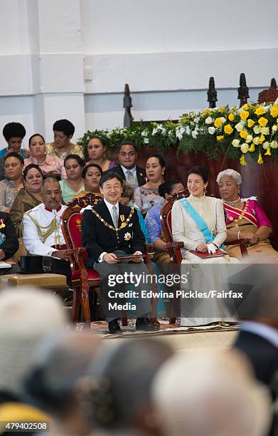 Crown Prince Naruhito and Crown Princess Masako of Japan attend the official coronation ceremony for King Tupou VI of Tonga and Queen Nanasipau'u at...