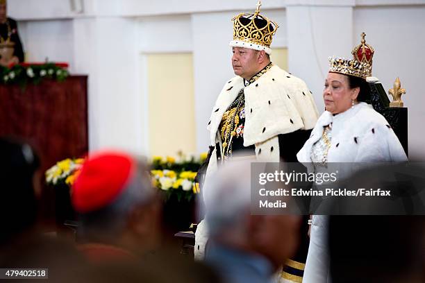 King Tupou VI of Tonga and Queen Nanasipau'u sit on their throne during the official coronation ceremony at the Free Wesleyan Church on July 4, 2015...