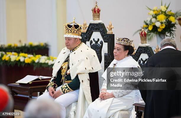 King Tupou VI of Tonga and Queen Nanasipau'u sit on their throne during the official coronation ceremony at the Free Wesleyan Church on July 4, 2015...