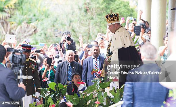 King Tupou VI of Tonga leaves the Free Wesleyan Church after the official coronation ceremony on July 4, 2015 in Nuku'alofa, Tonga. Tupou VI succeeds...