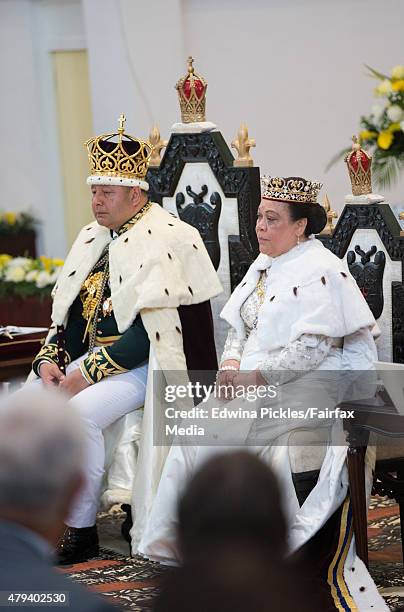 King Tupou VI of Tonga and Queen Nanasipau'u sit on their throne during the official coronation ceremony at the Free Wesleyan Church on July 4, 2015...