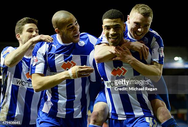 Leon Best of Sheffield Wednesday celebrates scoring to make it 2-0 with team mates during the Sky Bet Championship match between Sheffield Wednesday...